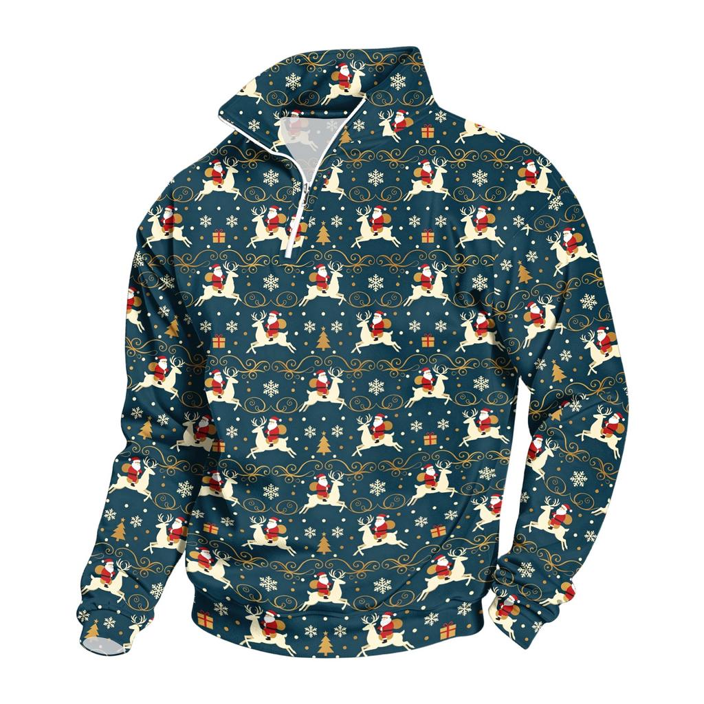 Men's Casual Quarter-Zip Stand Collar Sweatshirt with Christmas Print, Holiday Pullover