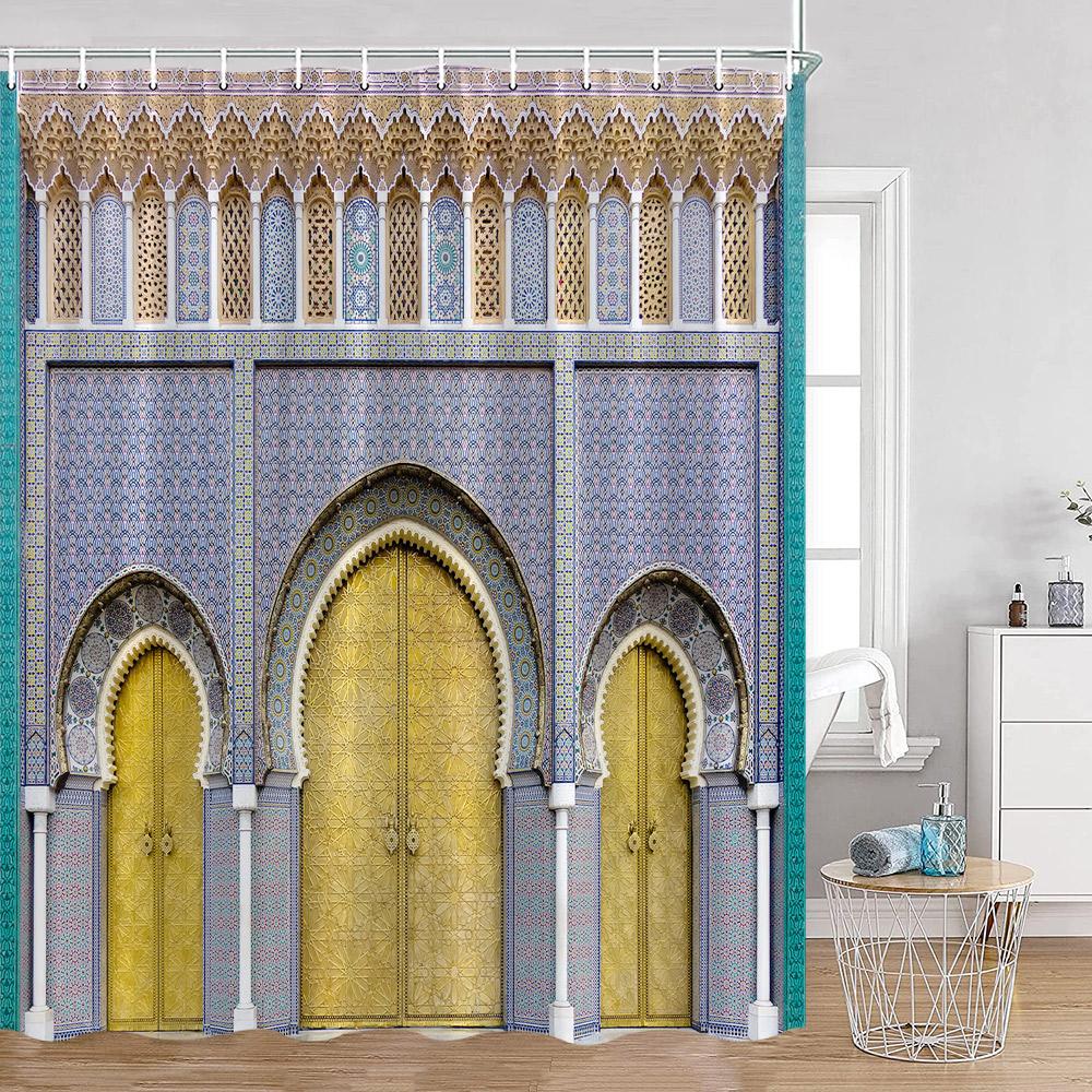 Vintage Moroccan Shower Curtain Ethnic Style Floral Art Retro Architecture Door Bathroom Curtain Polyester Home Decor With Hooks
