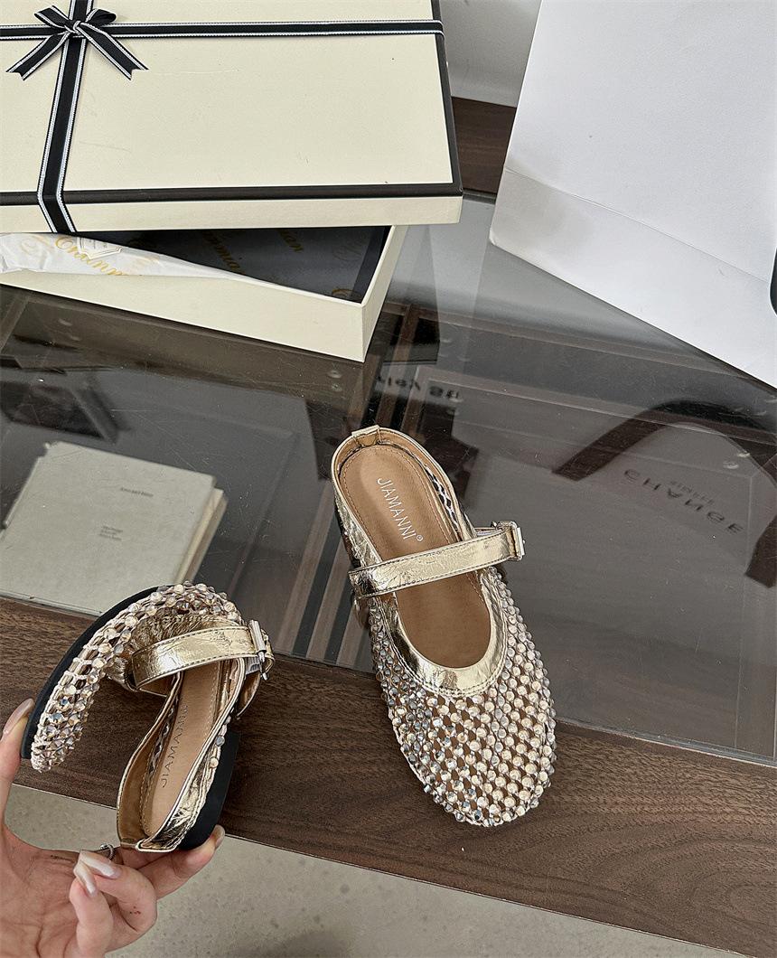 

Summer outer wear 2025 new flat bottom soft bottom word with Mary Jane slippers mesh breathable bag head cool slippers women 39 золотой