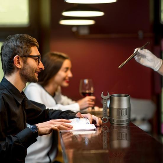 Stainless Steel Spanner Mug Industrial Style Water Cup Mechanic Themed Mug with Wrench Handle Garage Vibe Coffee Cup