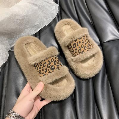Mode Leopard Damen Schuhe Damen Hausschuhe Outdoor Absatz Mules Luxus Pantoletten Gummi Zehentrenner Fell Pantoletten Plateau Niedrig Heiß Verkauf