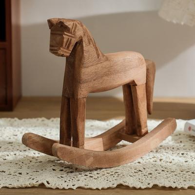 1pcs Vintage Wooden Rocking Horse Figurine Desktop Ornament Creative Art Sculpture for Home Living Room & Office Tabletop Decor