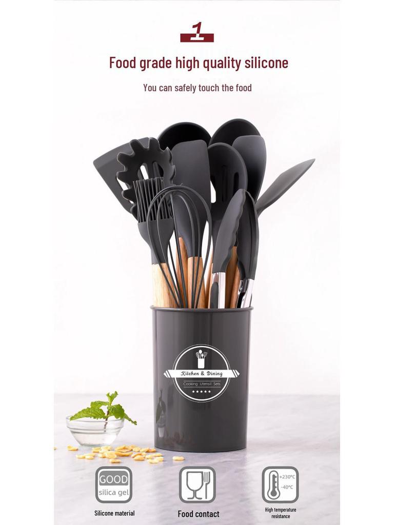 12-Piece High-Temperature-Resistant Silicone Kitchen Utensil Set with Wooden Handles
