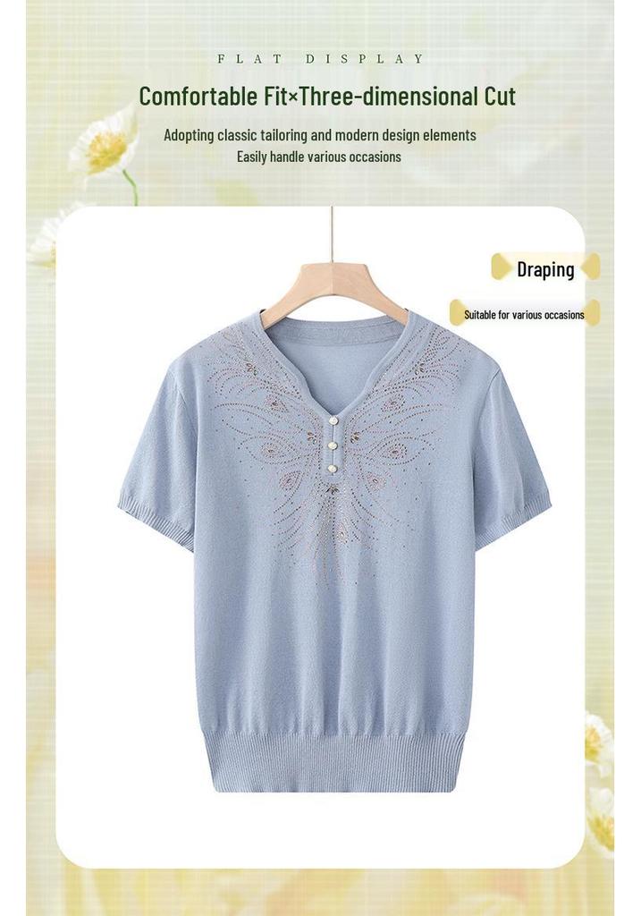 Chic Summer Ice Silk T-Shirt for Stylish Moms - 2026 Fashion Knit Top for Middle-Aged & Elderly Women