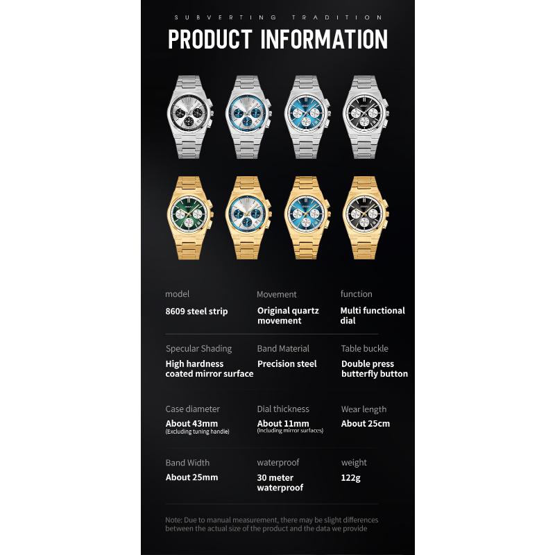 Men Chronograph Quartz Watch with Date Display Stainless Steel Strap Waterproof Fashion Business Male Wrist Watch