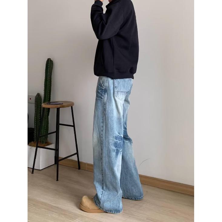 High Street Denim Pants For Men, Retro Distressed, Loose Straight Leg Pants, Wide Leg Sports Pants, Trendy