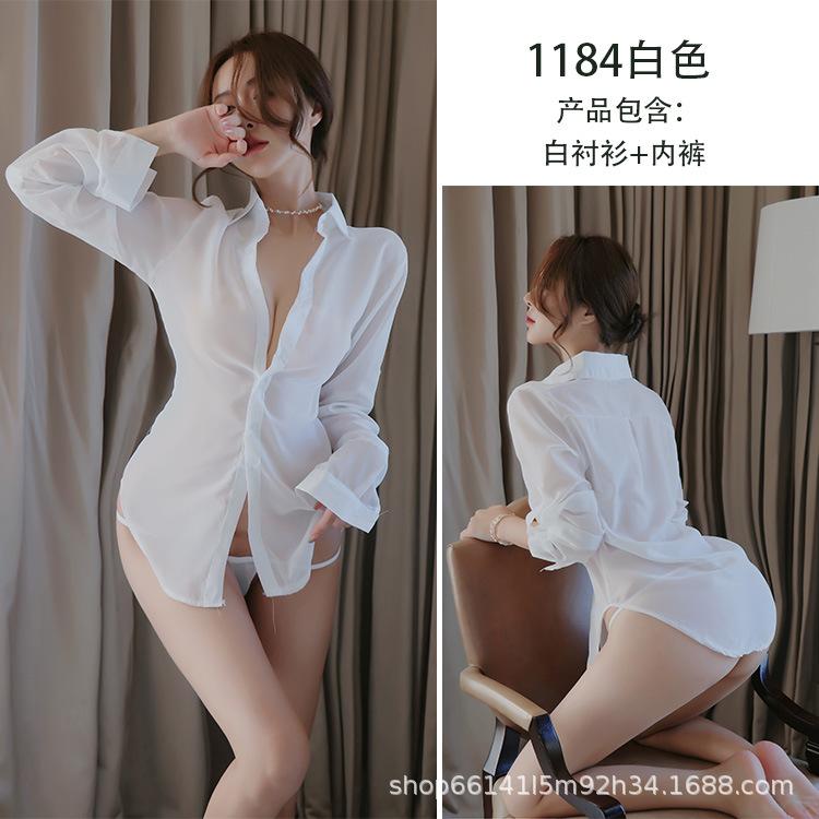 New sexy underwear women's chiffon sexy temptation white shirt uniform passion temptation home clothes 1184