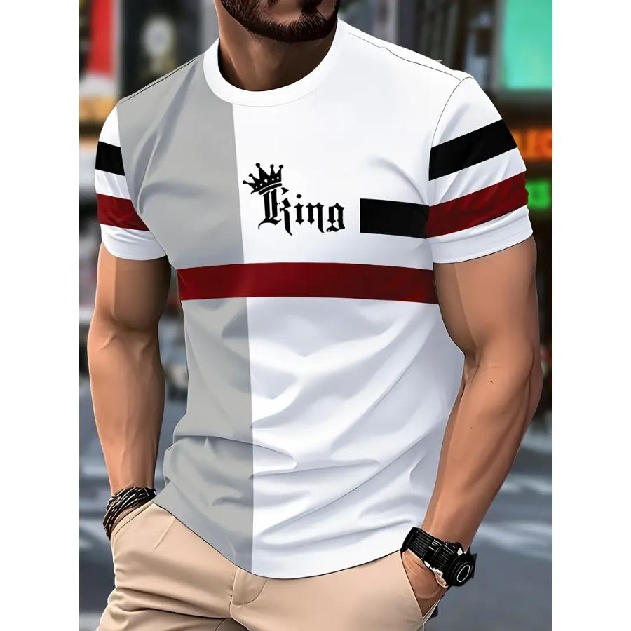 Men Novel Striped 3D Print T-shirts Beachwear Letters Stretch Polyester Sports Short Sleeve Tops