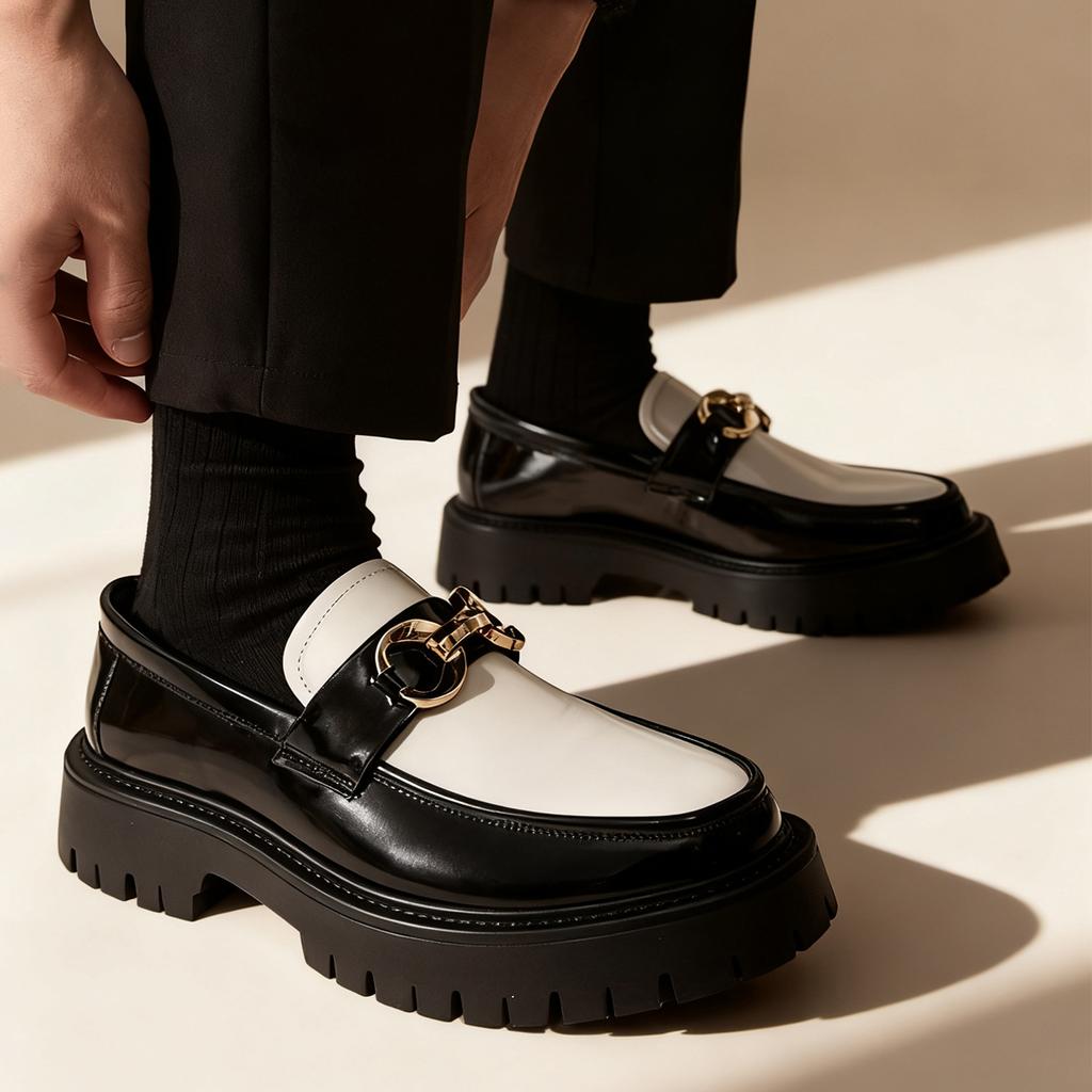 Classic Fashion Thick Sole Men'S Penny Loafers Slip-On Business Dress Shoes For Gentleman Metal Buckle Formal Party Glossy Shoes