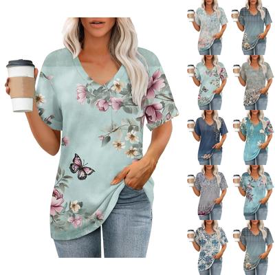 Moda feminina bolso decote em v manga curta planta floral estampa camiseta top