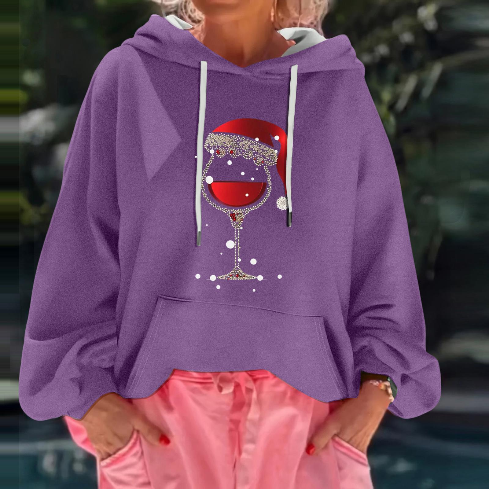 

Женский рождественский принт, свободный повседневный худи с длинным рукавом и капюшоном M фиолетовый