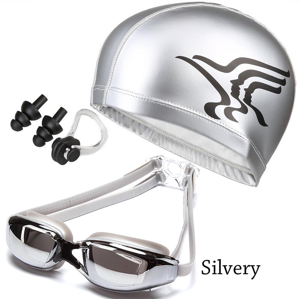 Shenyu Anti-Fog HD Swim Goggles Set: Includes Electroplated Goggles, Silicone Nose Clip, Earplugs, and PU Swim Cap.