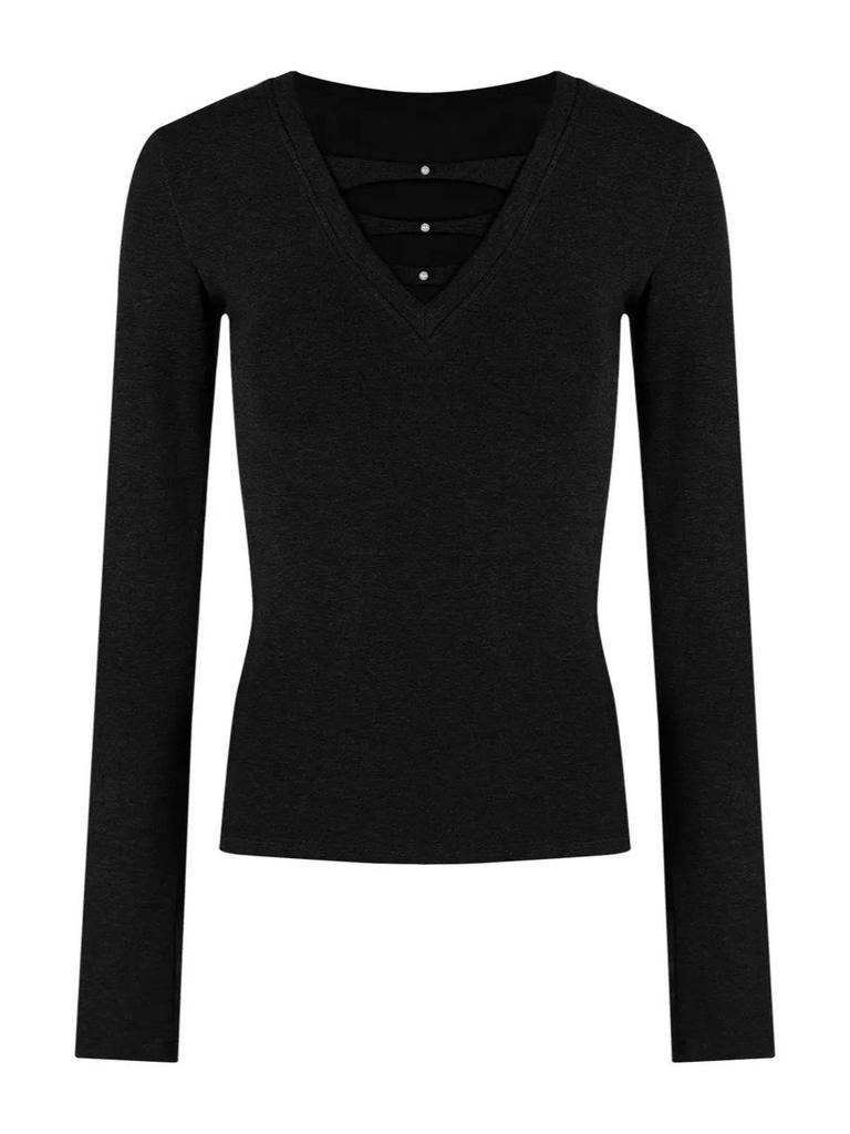 Spicy V-Neck Long-Sleeve Velvet T-Shirt Women's Slim Fit Cinched Waist Base Layer Black Top