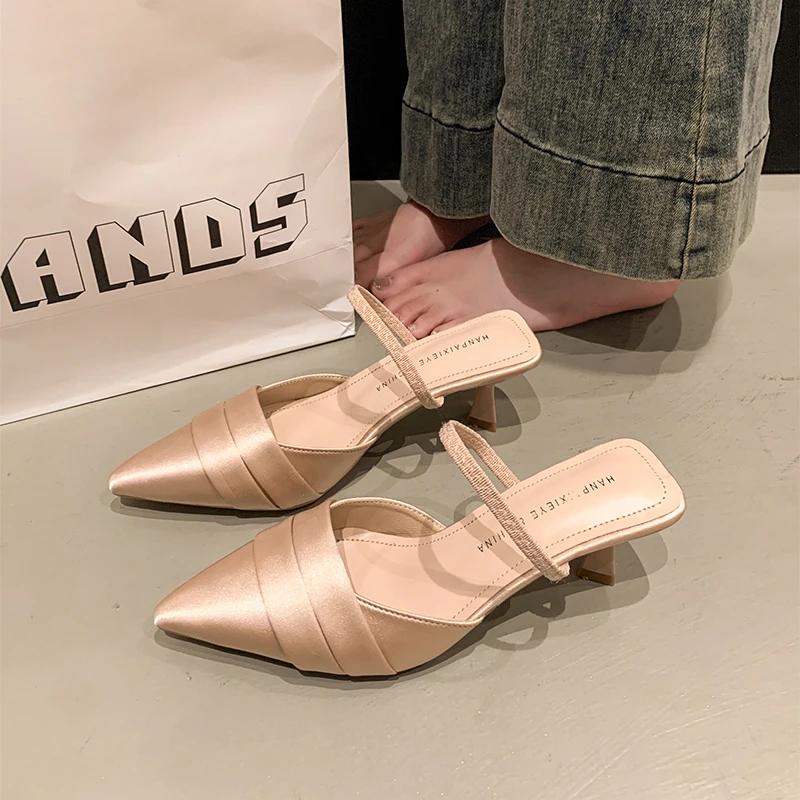 High-heeled Sandals Women's Thin Heels Pointed Summer 2025 New Outer Wear Bag Head Half Slippers