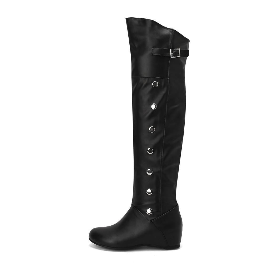 Women Boots  Winter New Fashion Casual Over-The-High Boots Round Toe Buckle Plus Size 34-43Lady Shoes Rivet Metal Decoration