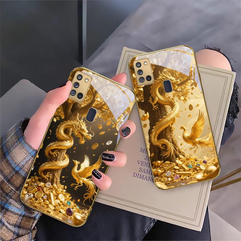 Golden Dragon Coiling For Samsung A 31 32 A33 A34 35 14 A15 13 A16 25 26 50 52 53 54 55 56 70 71 72 73 Golden glass phone case