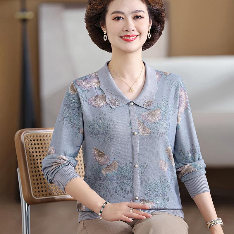 

Женская осенняя вязаная футболка с принтом и лацканами - с длинным рукавом, свободная, модная, универсальная для женщин среднего и пожилого возраста XXL (105-125 jin) синий