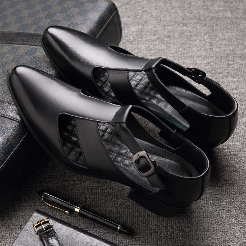 Fashion Mens Genuine Leather High Heel Dress Sandals Daily Business Office Work Sandals Trendy Hollow Pointed Toe Buckle Sandals204