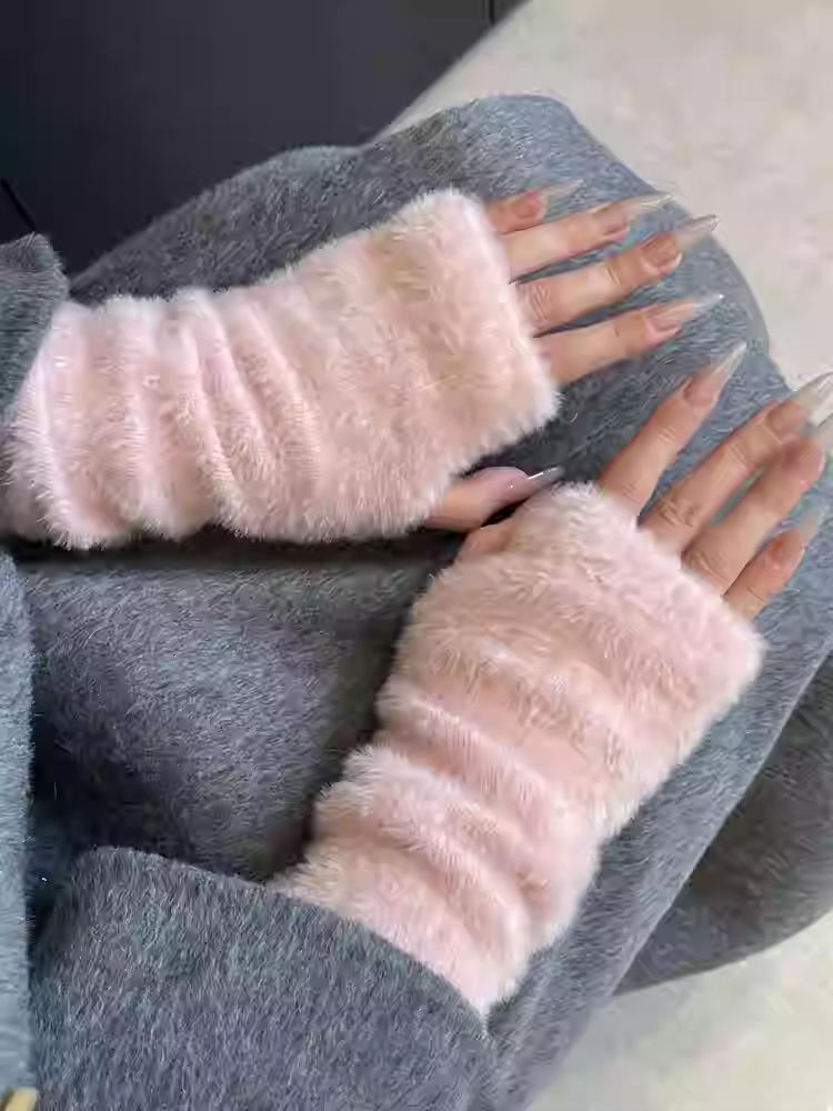 Soft Waxy Plush Half-finger Gloves Women's Plush Warm Autumn and Winter Sleeves Cute Imitation Rabbit Hair Japanese Long-sleeved Leaking Finger Gloves