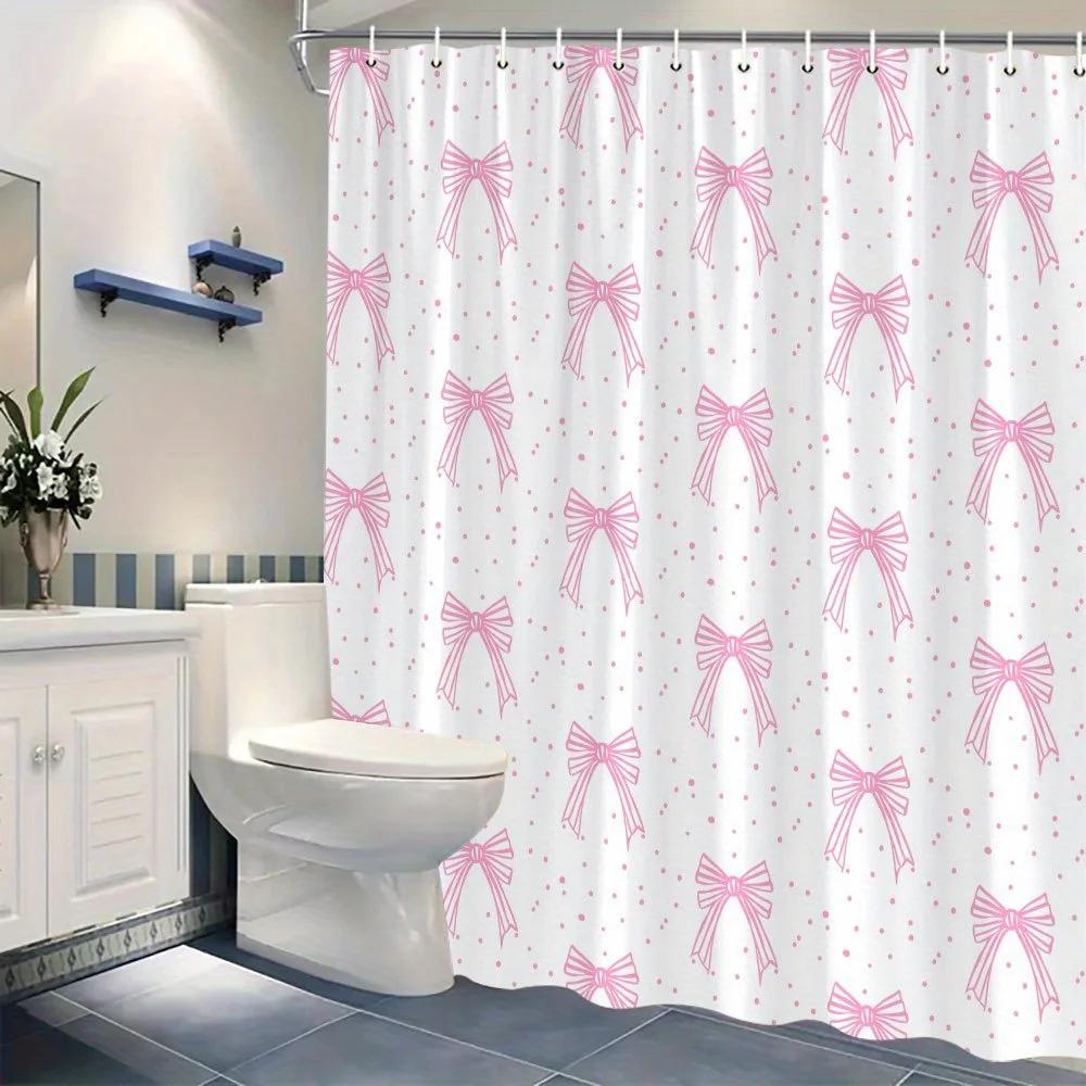 Pink Bows with Dots Shower Curtain - Romantic Whimsical Design, Polyester Fabric,12 Hooks,Fashion Theme Bathroom Decor