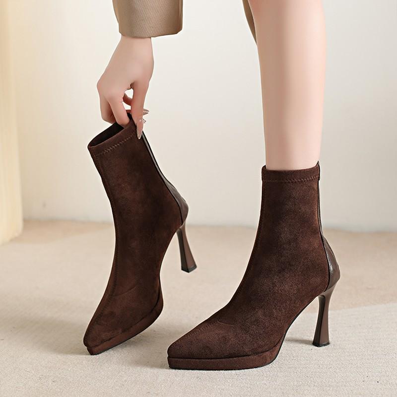 Black Elastic Skinny Socks Boots Season Waterproof Platform Medium Tube Thin Heel Pointed Skinny High Heel Short Boots Women