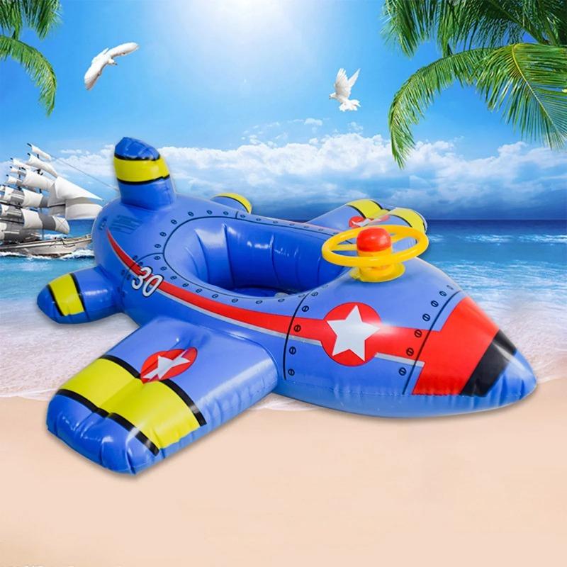 Kids Inflatable Airplane Pool Float with Steering Wheel, Anti-Flip Toddler Swimming Seat Ring for 1-6Y Boys Girls