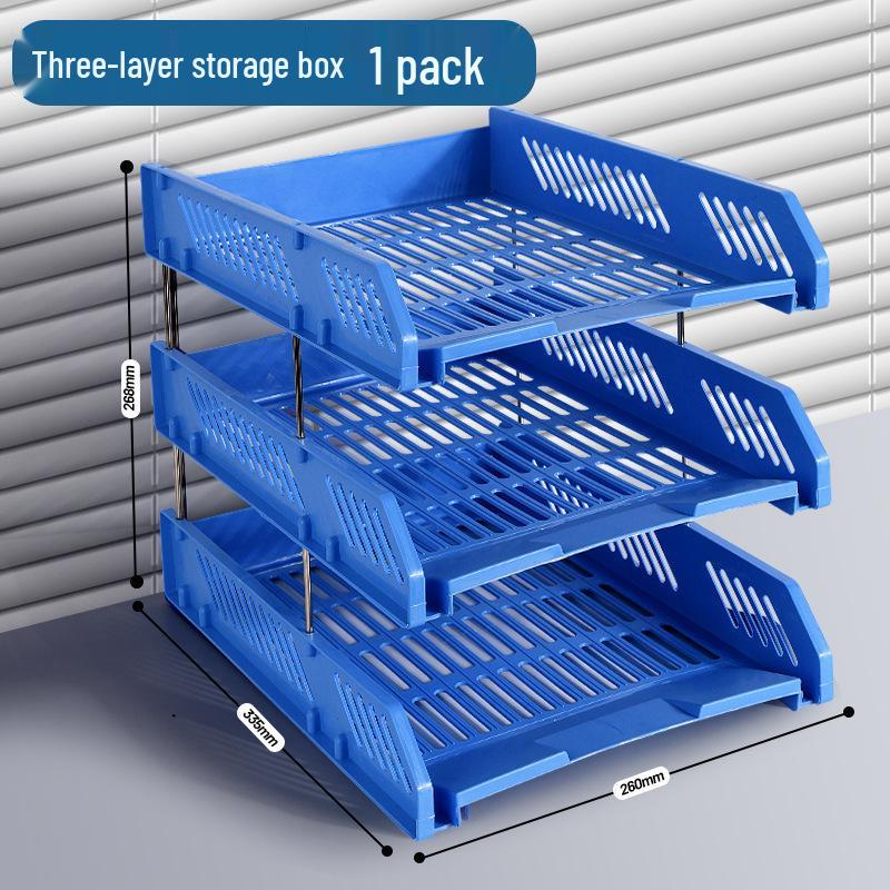 Blue Multi-Layer Desktop File Rack - Office Storage Shelf & Thick Plastic Box