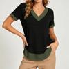 Women's Casual Color Block V Neck Short Sleeve T Shirt Top Lightweight Soft Fabric Relaxed Fit Layered Hem Design