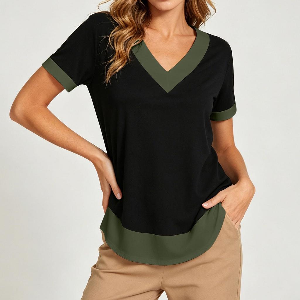 Women's Casual Color Block V Neck Short Sleeve T Shirt Top Lightweight Soft Fabric Relaxed Fit Layered Hem Design