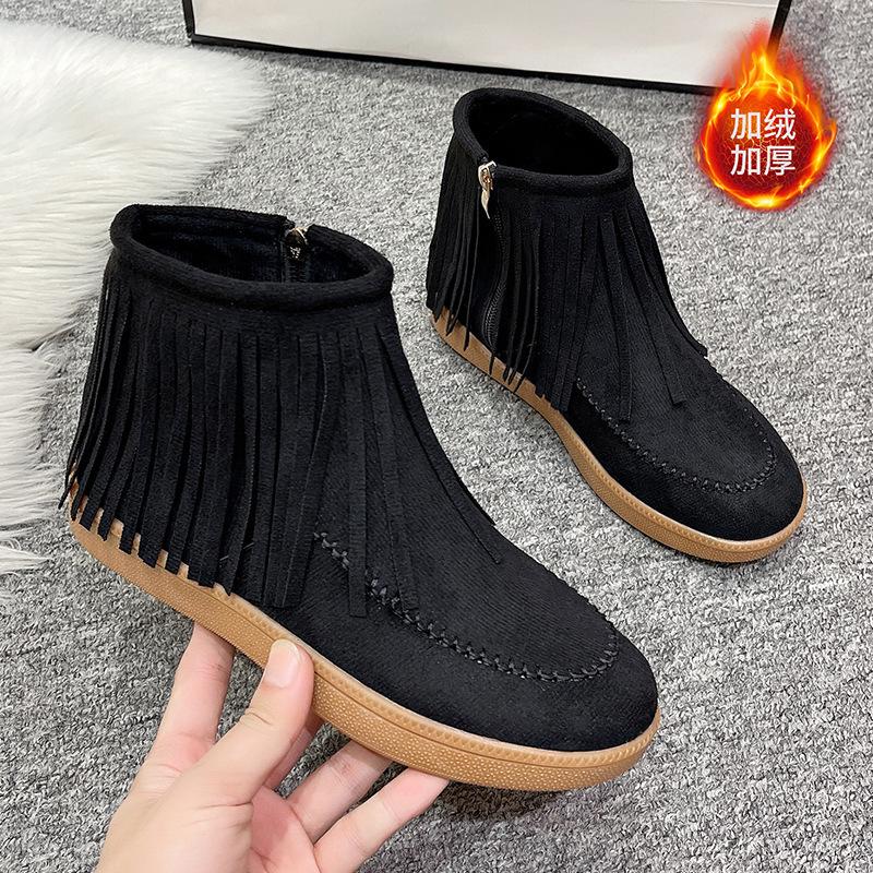 Large size comfortable short fringed boots women's autumn and winter new sweet versatile velvet flat women's boots