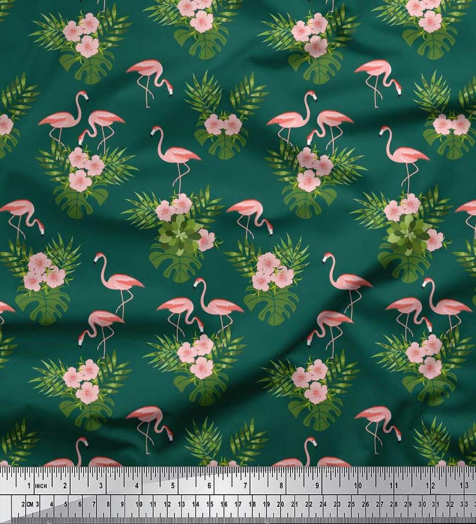 Soimoi Japan Crepe Satin Fabric Tropical Leaves,Floral & Flamingo Bird Print Fabric by the metre 42 Inch