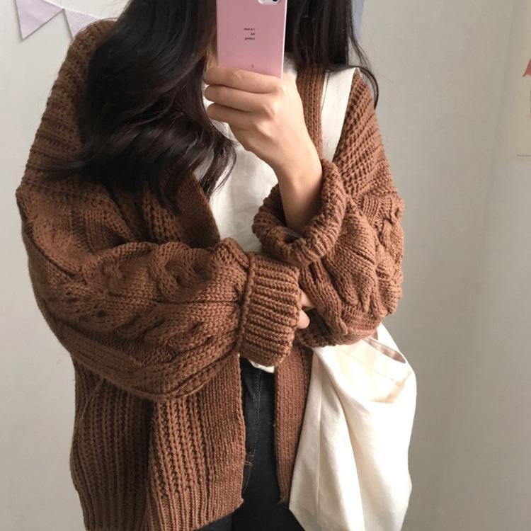 

Korean Winter Knit Sweater Cardigan For Women Oversized Autumn Tops Blouse OneSize коричневый