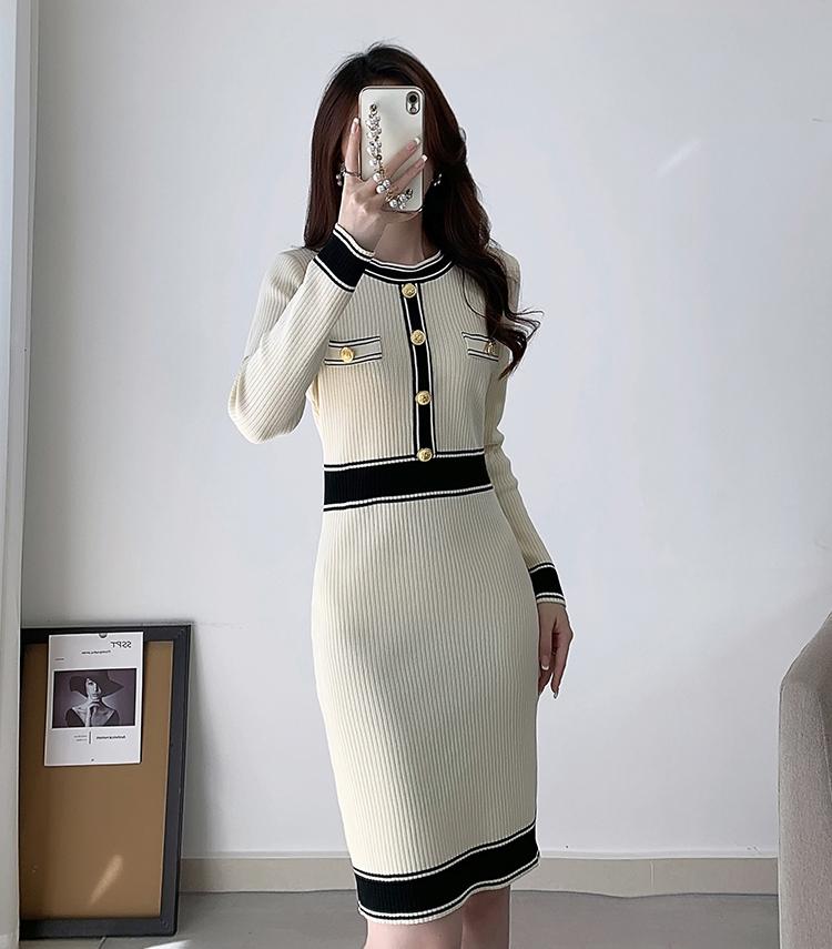 Elegant Knitted Dress Women Contrast Color O-neck Long Sleeve Buttons Mini Bodycon Dresses Korean Style Office Lady Clothes