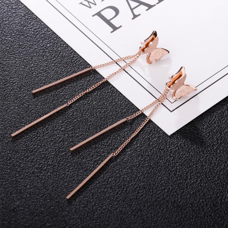 

Korean Frosted Butterfly Tassel Titanium Steel Earrings - Versatile Studs for Women розового золота