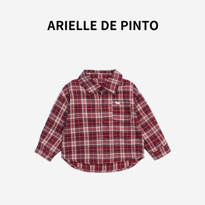 French Arielle De Pinto Girls  Shirt Jacket Spring Long-Sleeved Red Plaid Loose Casual Top Red 140
