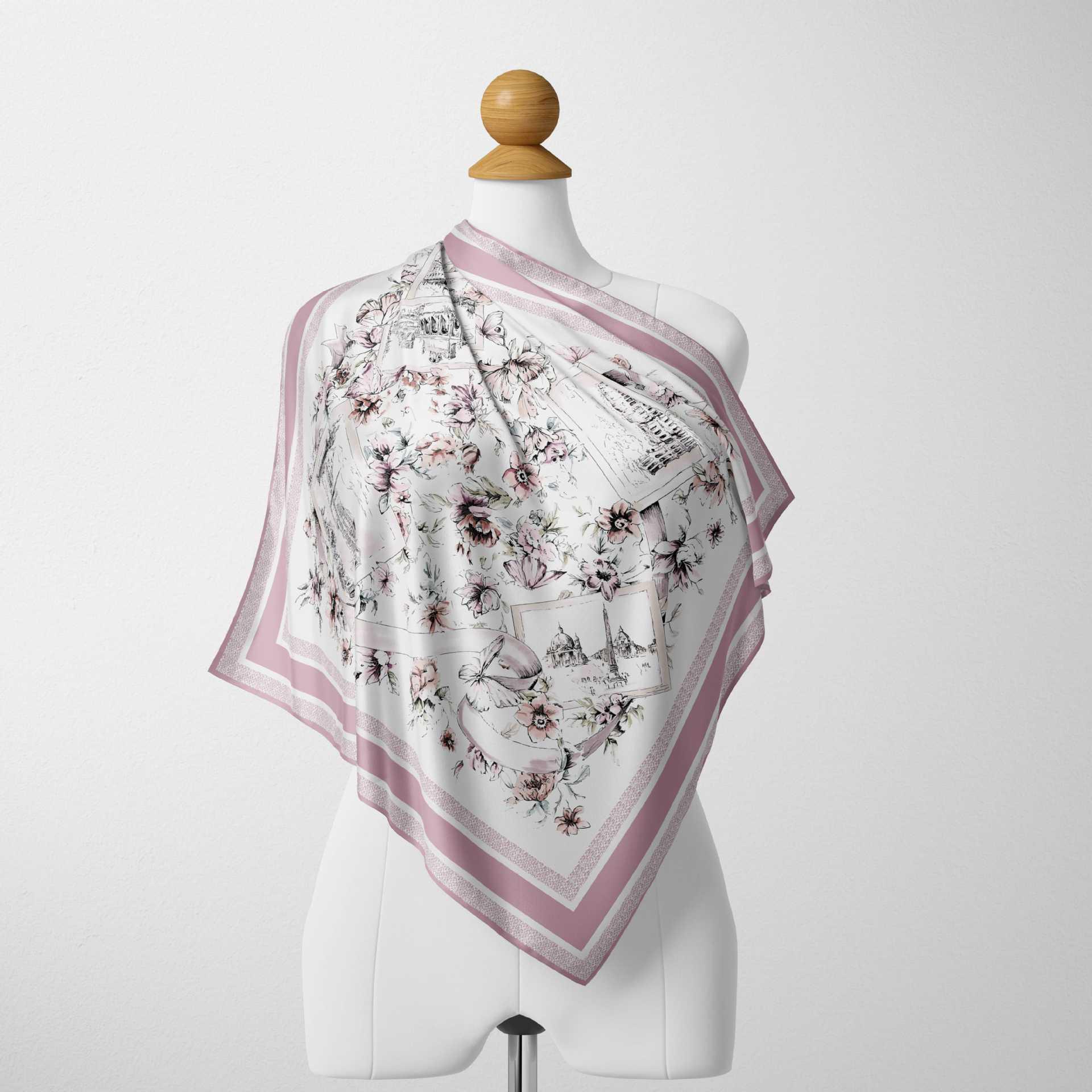 Summer Plaid Pink Silk Scarf: 100% Mulberry Silk, 8 Momme Thin Shawl 137x137 cm
