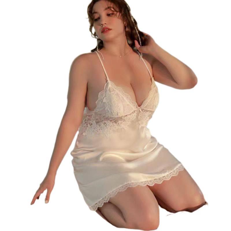 Elegant Plus Size Silk Lace Pajama Set with Chest Pads - Camisole Nightgown for Women up to 200 Jin
