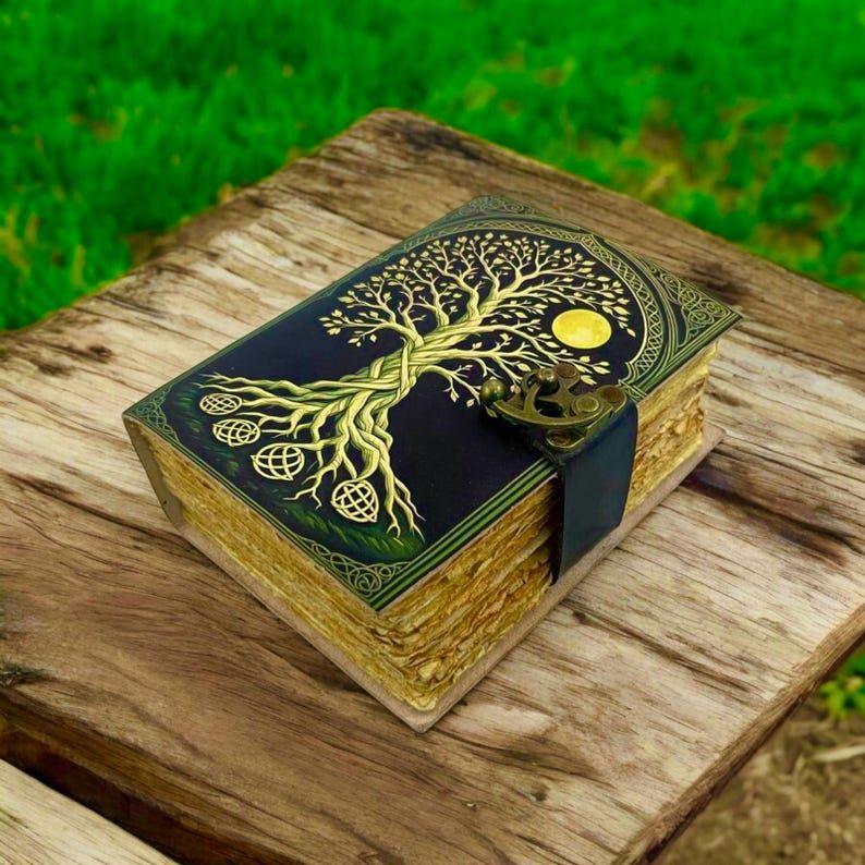 200 Page Large Grimoire Vintage Leather Journal, Tree of Life Fat Journal, Blank Spell Book of Shadows Celestial Gifts For Him Her