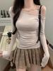 Cross Irregular One-Shoulder Long Sleeve Women's Autumn Top - Off-the-Shoulder Slim Fit with Pleated Base Layer.