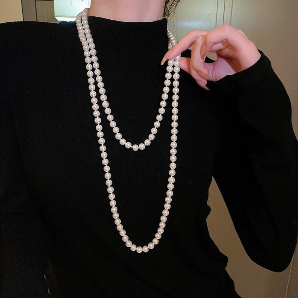 Diamond-encrusted Flower Geometric Pearl Necklace Temperament Light Luxury Sweater Chain French Retro Necklace Autumn and Winter
