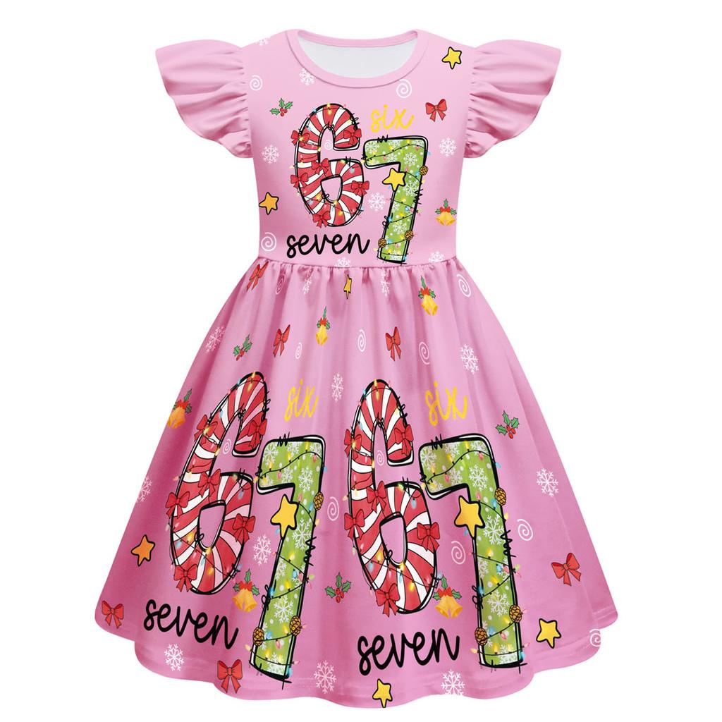 82836 Kinder Mädchen Weihnachten Steal a Brainrot 67 Six Seven Print Rüschen Ärmellos Prinzessinnenkleid
