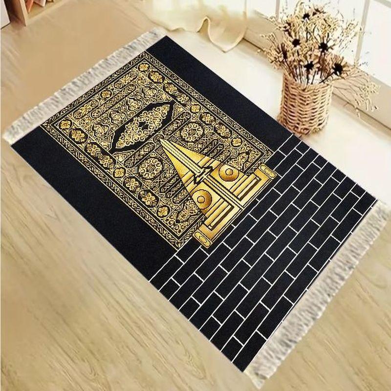 Aksamitna Mata do Modlitwy Muzułmańskiej Luksusowa Złota Bogato Zdobiona Wzór Kaaby Przenośna Antypoślizgowa Dywanik do Modlitwy Eid Mubarak Prezent do Domu