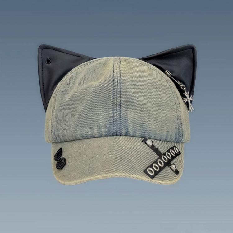 2000s Ripped Baseball Hat Breathable Adjustable Punk 3D Cats Ear Dancing Hat For Women Everyday and Music Festival Wear