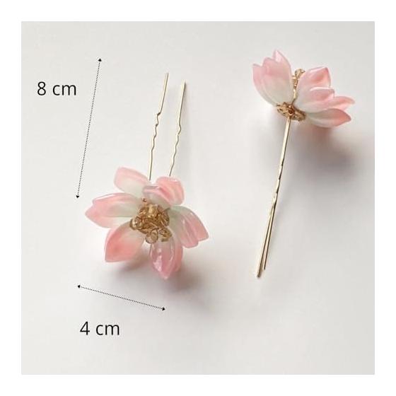 Pearl U-Pin Hair Accessories Set of 2 (Cherry Blossom) - Handmade Floral Rhinestone Hair Pins for Women - Bridal Wedding Party Graduation Kimono