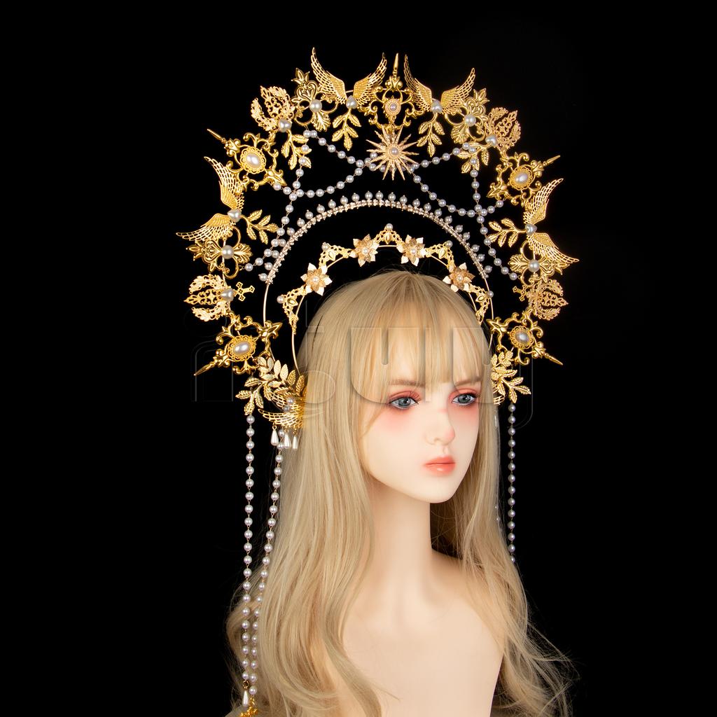 Exaggerated Oversized Sun Goddess Angel KC Halo Crown Queen Headpiece Gold Baroque Pearl Tiara Lolita Headband for Photo Prop