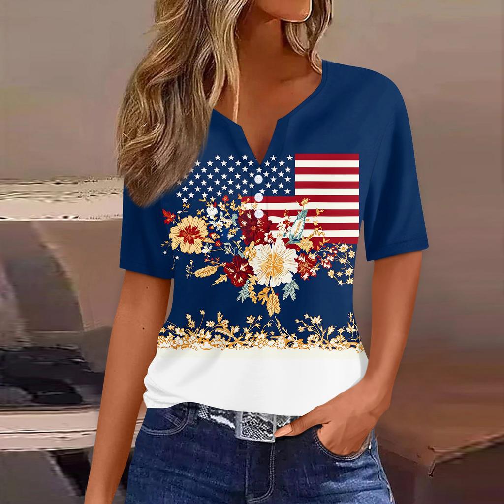 Women's Fashion Casual Independence Day Print V-Neck Short Sleeve Button-Up T-Shirt Top