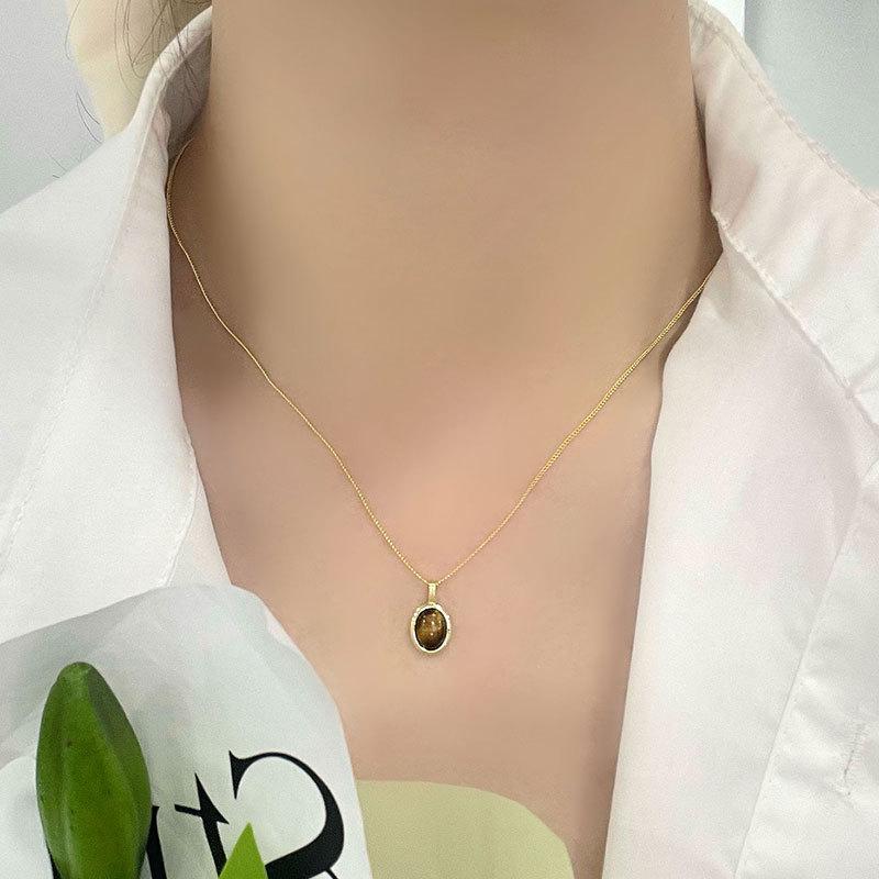 Tigerøye Stein Halskjede Vintage Personlig Mote Lett Luksus Høy Kvalitet Elliptisk Kragebenskjede Nisje