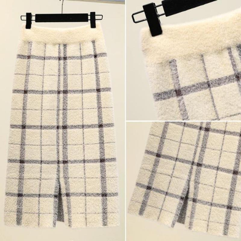 Höst- och Vinter Dam Plus Size Förtjockad Varm Mellanlång Stickad Kjol Bekväm Enfärgad Vindtät Varm Kjol