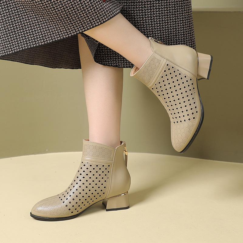 Fashion GKTINOO Ankle Boots Zipper Footwear Hollow Out Fashion Ladies High Heels Round Toes Genuine Leather Summer Shoes