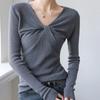 Fashion Korean Women's Solid V-neck Sweater Autumn Winter Long-sleeved Inner Top Slim Bottoming Knitted Sweaters Casual Pullover
